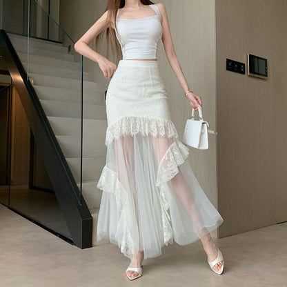 High Waist Mesh Panel Lace Maxi Mermaid Skirt