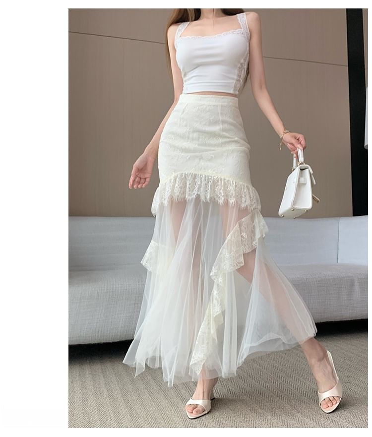 High Waist Mesh Panel Lace Maxi Mermaid Skirt