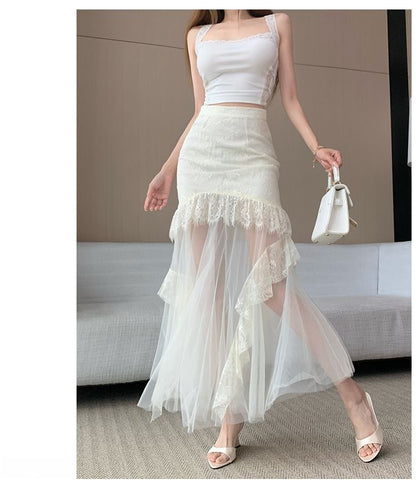 High Waist Mesh Panel Lace Maxi Mermaid Skirt