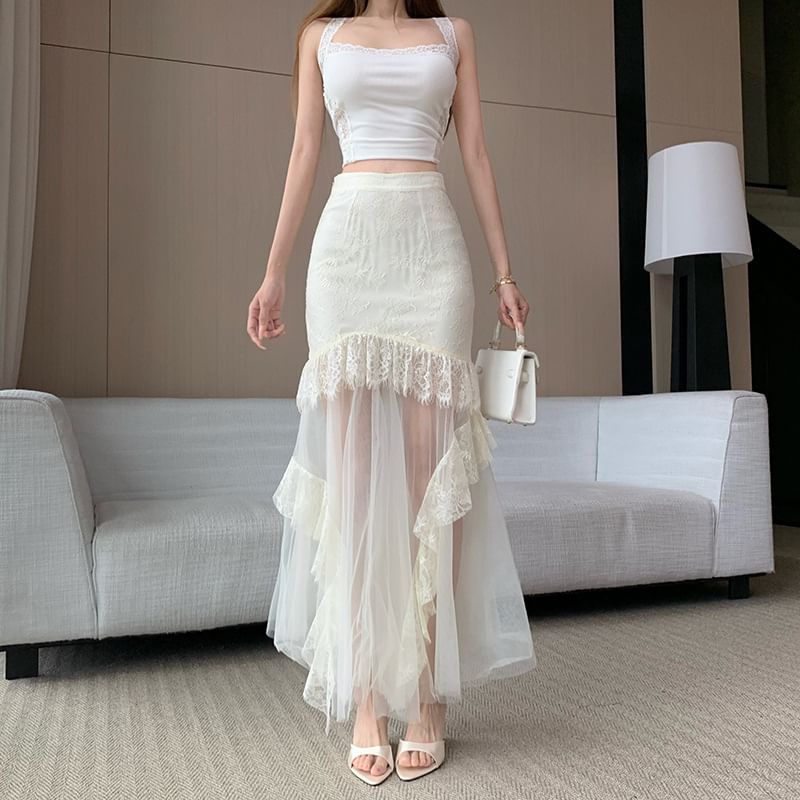 High Waist Mesh Panel Lace Maxi Mermaid Skirt