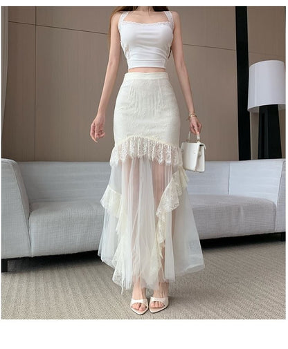 High Waist Mesh Panel Lace Maxi Mermaid Skirt