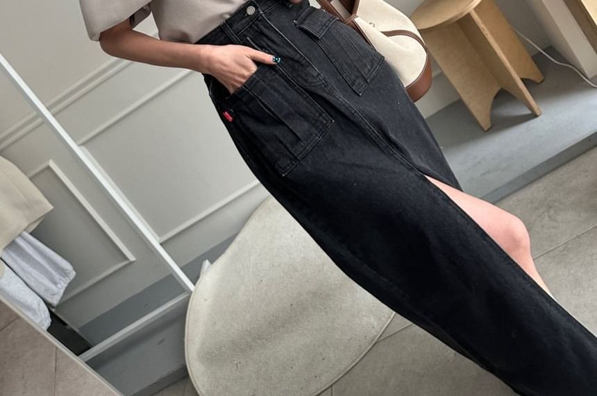 High Waist Plain Frayed Slit Denim Maxi Straight Skirt