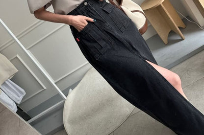 High Waist Plain Frayed Slit Denim Maxi Straight Skirt