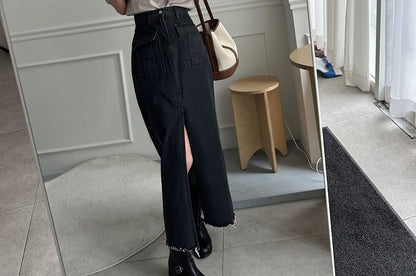 High Waist Plain Frayed Slit Denim Maxi Straight Skirt
