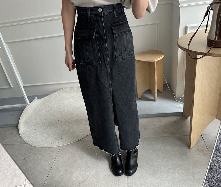 High Waist Plain Frayed Slit Denim Maxi Straight Skirt