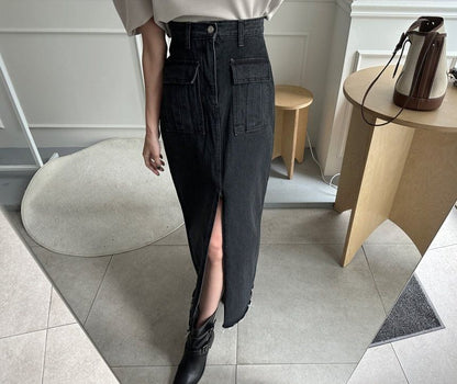 High Waist Plain Frayed Slit Denim Maxi Straight Skirt