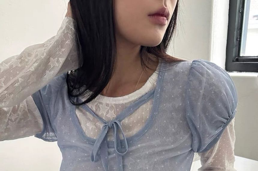 Puff-Sleeve Scoop Neck Micro Dot Tie Front Mesh Top