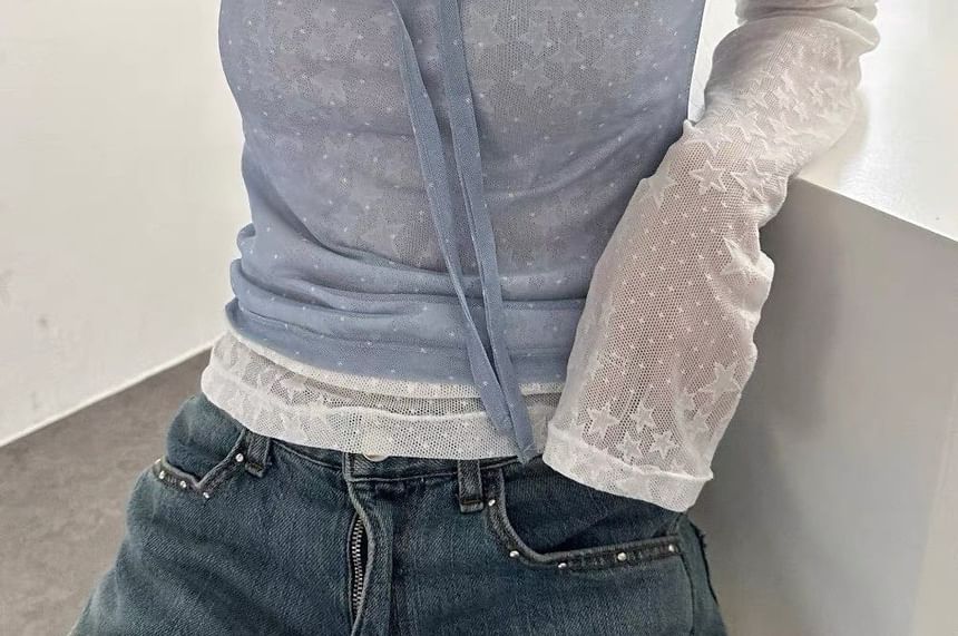 Puff-Sleeve Scoop Neck Micro Dot Tie Front Mesh Top