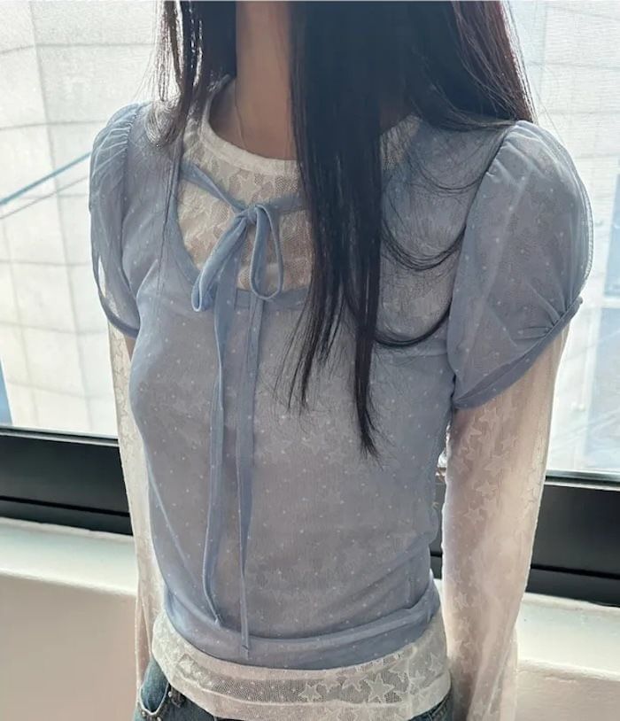 Puff-Sleeve Scoop Neck Micro Dot Tie Front Mesh Top