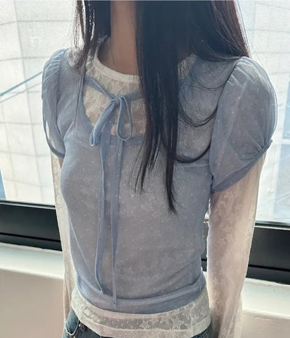Puff-Sleeve Scoop Neck Micro Dot Tie Front Mesh Top
