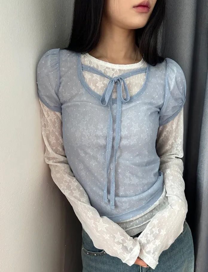 Puff-Sleeve Scoop Neck Micro Dot Tie Front Mesh Top