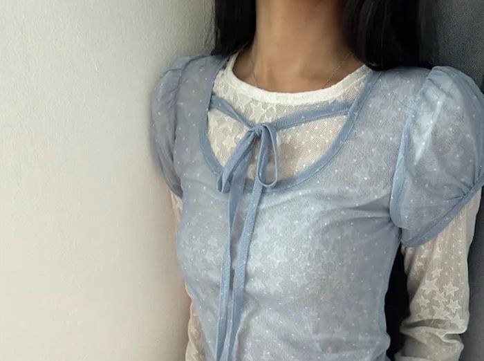 Puff-Sleeve Scoop Neck Micro Dot Tie Front Mesh Top