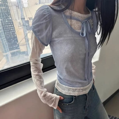 Puff-Sleeve Scoop Neck Micro Dot Tie Front Mesh Top