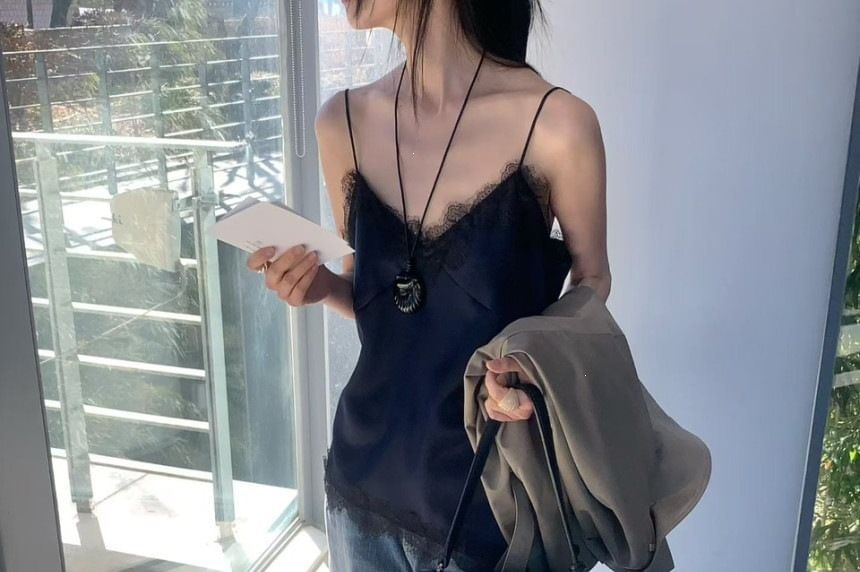 V-Neck Asymmetrical Lace Trim Camisole Top