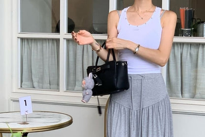Drawstring Waist Plain Ruched Maxi A-Line Skirt