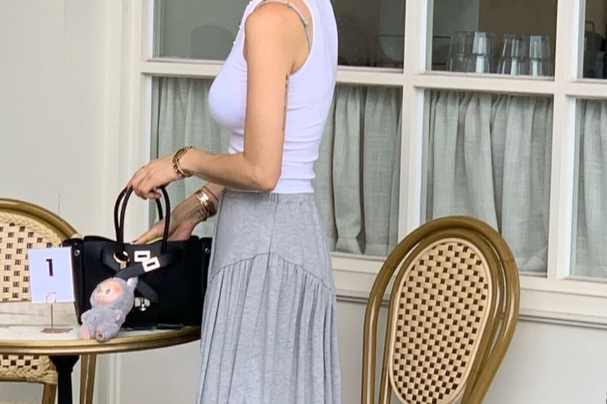 Drawstring Waist Plain Ruched Maxi A-Line Skirt