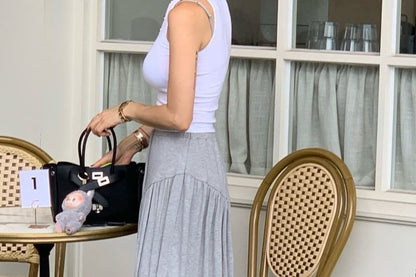 Drawstring Waist Plain Ruched Maxi A-Line Skirt