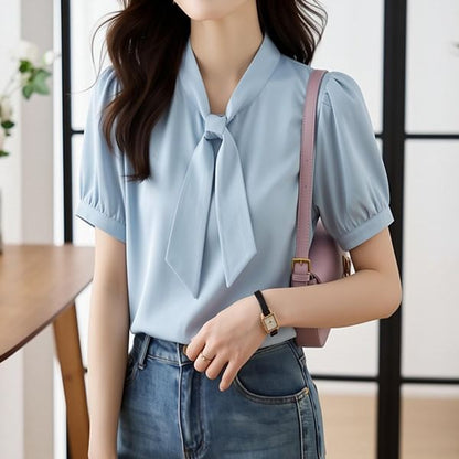 Crewneck Tie Neck Short Sleeve Blouse