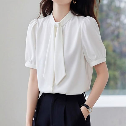Crewneck Tie Neck Short Sleeve Blouse