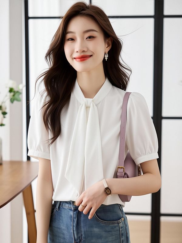 Crewneck Tie Neck Short Sleeve Blouse