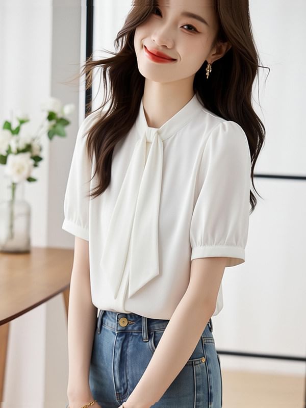 Crewneck Tie Neck Short Sleeve Blouse