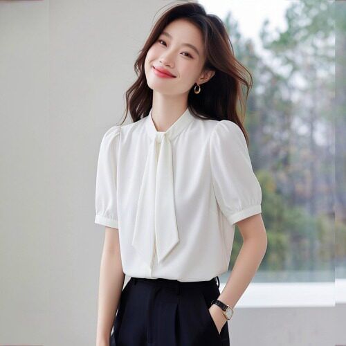 Crewneck Tie Neck Short Sleeve Blouse