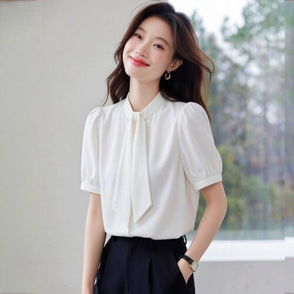 Crewneck Tie Neck Short Sleeve Blouse