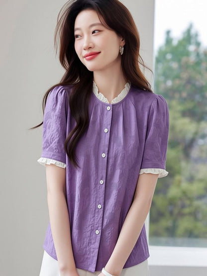 Lace Trim Textured Button Up Short Sleeve Blouse