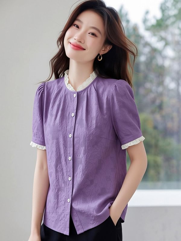 Lace Trim Textured Button Up Short Sleeve Blouse