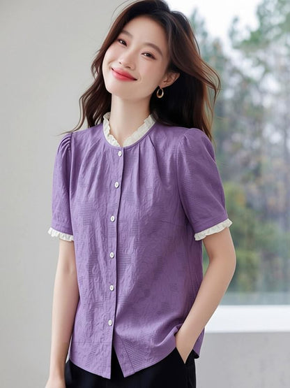 Lace Trim Textured Button Up Short Sleeve Blouse