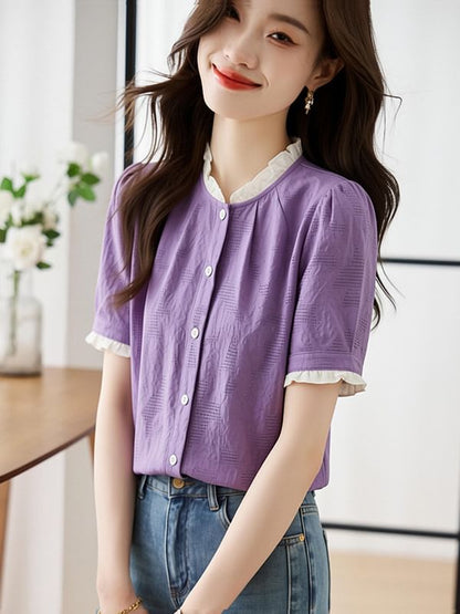 Lace Trim Textured Button Up Short Sleeve Blouse