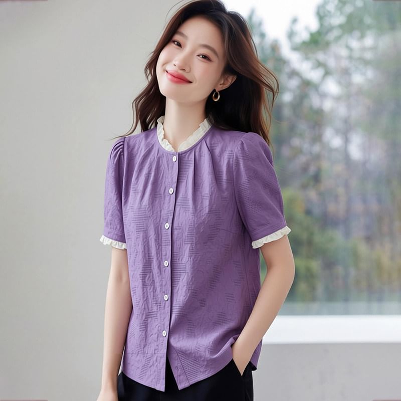 Lace Trim Textured Button Up Short Sleeve Blouse