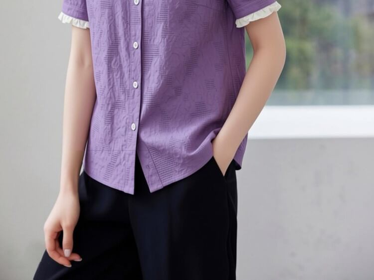 Lace Trim Textured Button Up Short Sleeve Blouse