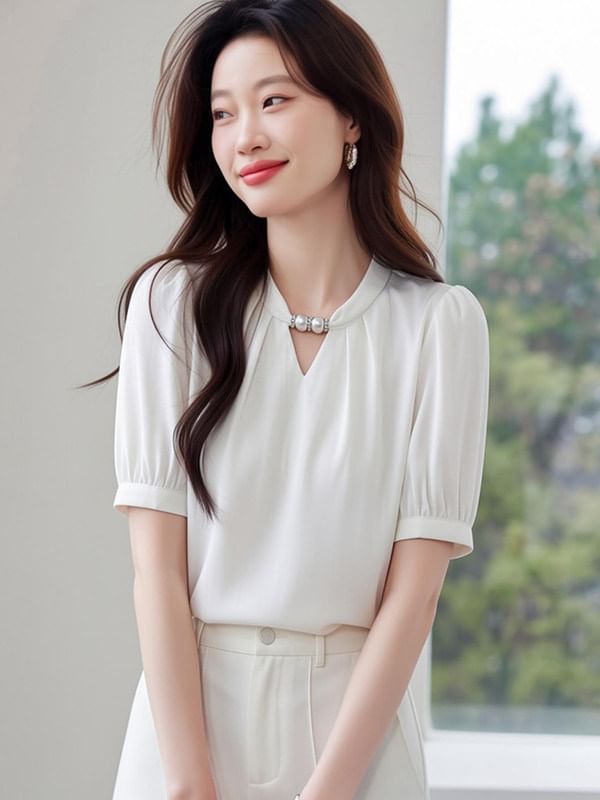 Beaded Cutout Short Sleeve Plain Blouse