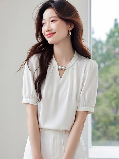 Beaded Cutout Short Sleeve Plain Blouse