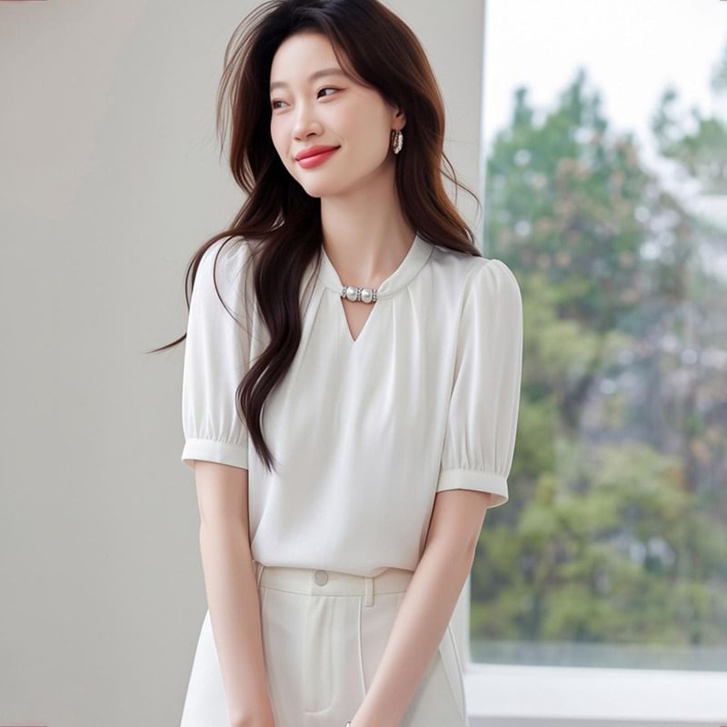 Beaded Cutout Short Sleeve Plain Blouse