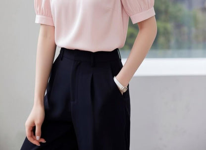 Beaded Cutout Short Sleeve Plain Blouse