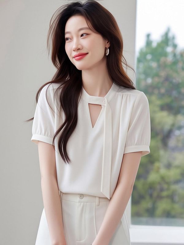 Cutout Short Sleeve Plain Blouse
