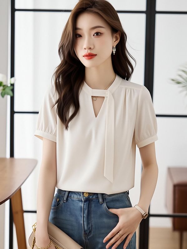 Cutout Short Sleeve Plain Blouse
