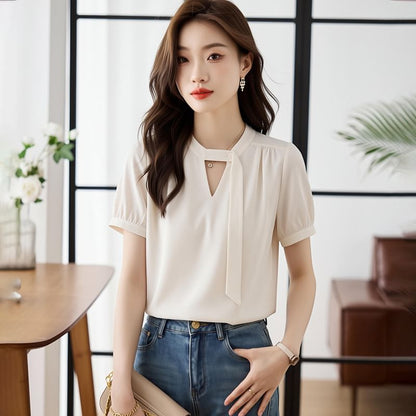 Cutout Short Sleeve Plain Blouse