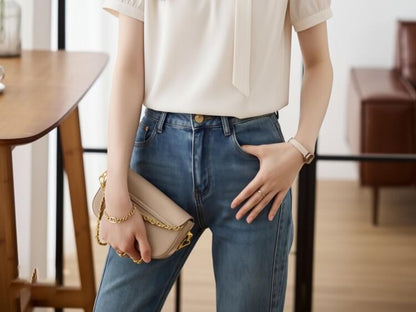 Cutout Short Sleeve Plain Blouse