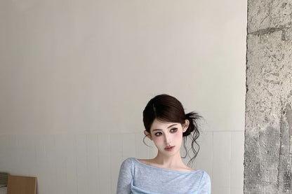 Boat Neck Sheer Ruched Long Sleeve Tee