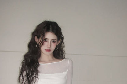 Boat Neck Sheer Ruched Long Sleeve Tee