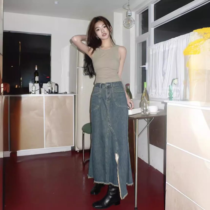 Cutout Crop Tank and Frayed Denim Skirt Set