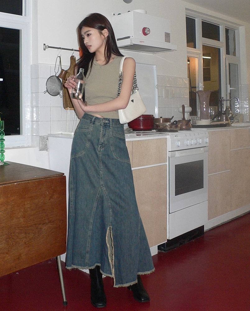 Cutout Crop Tank and Frayed Denim Skirt Set