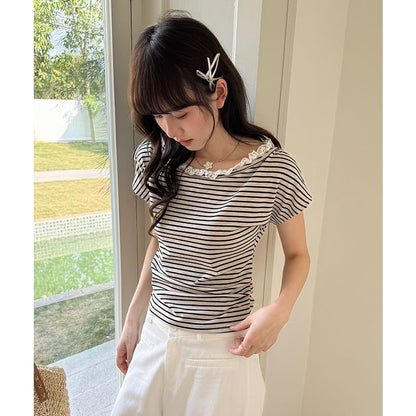 Boat Neck Striped Lace Trim Ruched Crop Tee