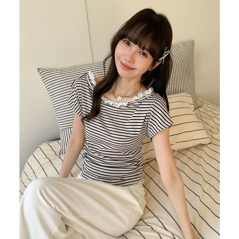 Boat Neck Striped Lace Trim Ruched Crop Tee