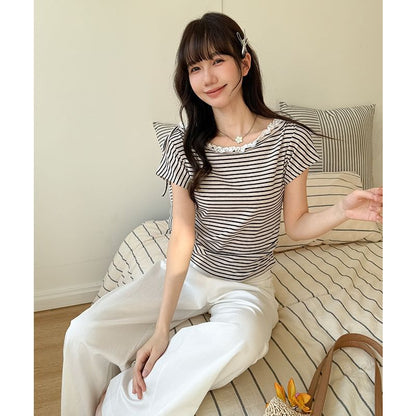 Boat Neck Striped Lace Trim Ruched Crop Tee