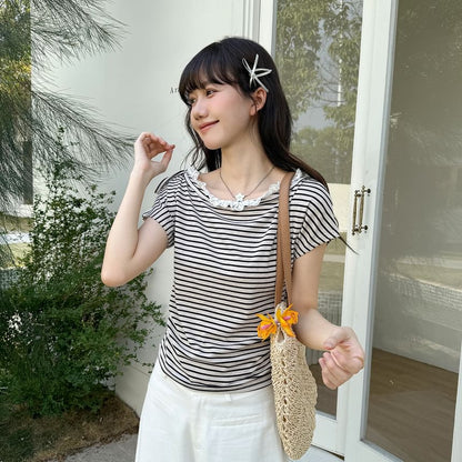 Boat Neck Striped Lace Trim Ruched Crop Tee