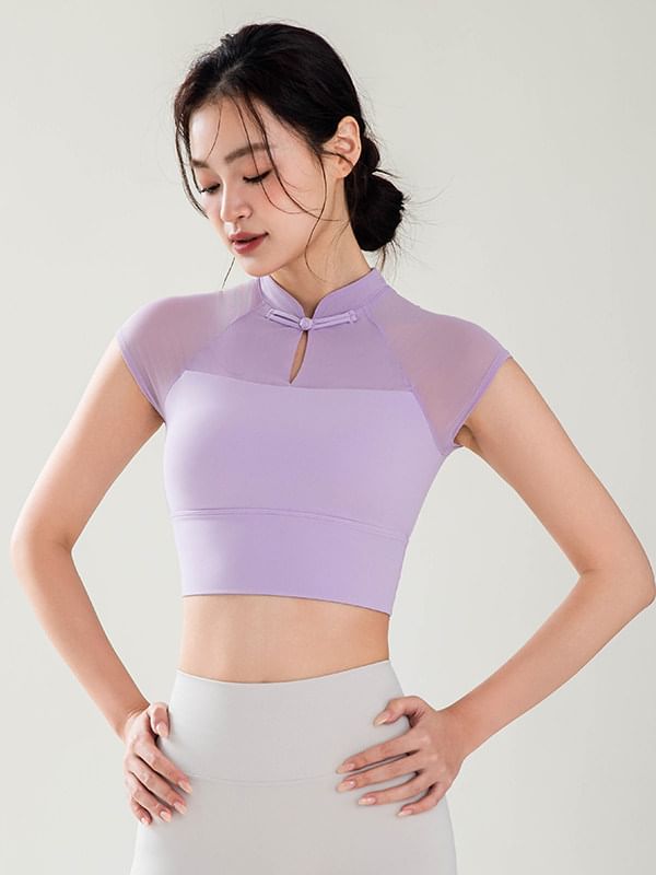 Sleeveless Mandarin Collar Plain Padded Panel Lace Crop Yoga Top
